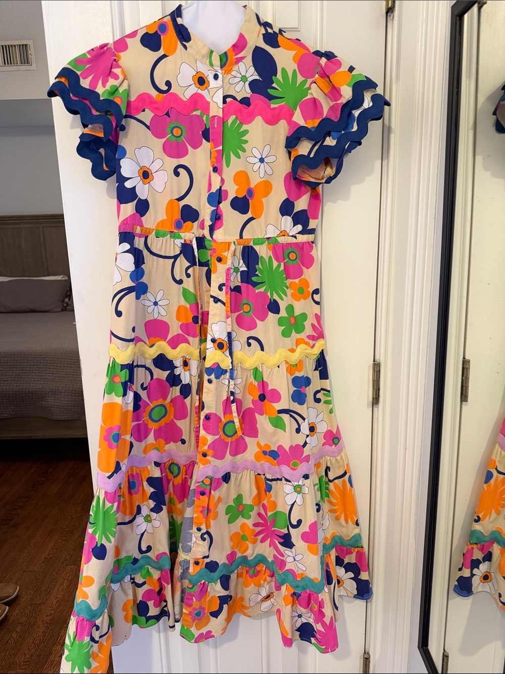 CeliaB Bright Multicolor Floral Tiered Dress with Navy Trim